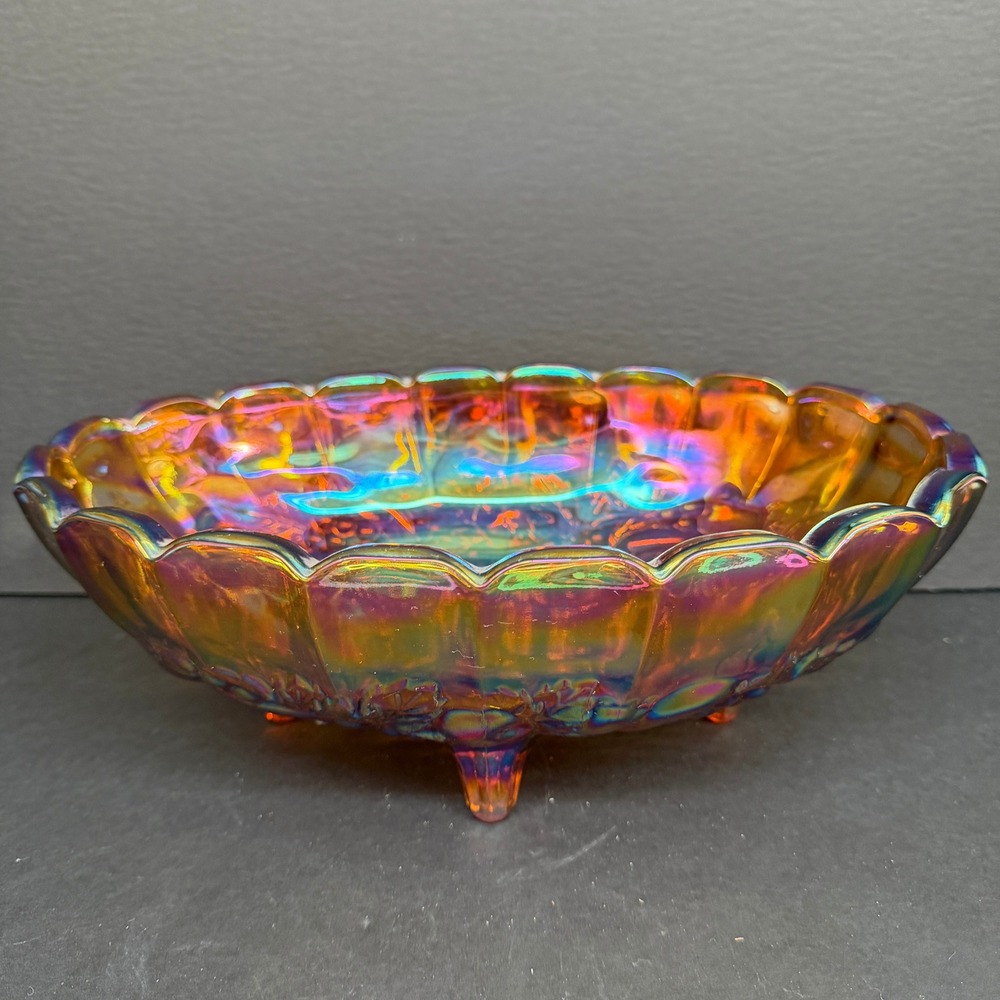 Vintage Carnival Glass Footed Bowl Marigold Iridescent Fruit Harvest 12 Inch